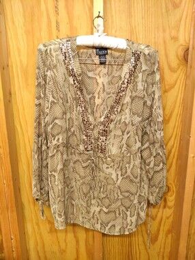 NY Collection Woman 1X Snakeskin Sheer Sequin V-Neck Tunic Blouse Drawstring